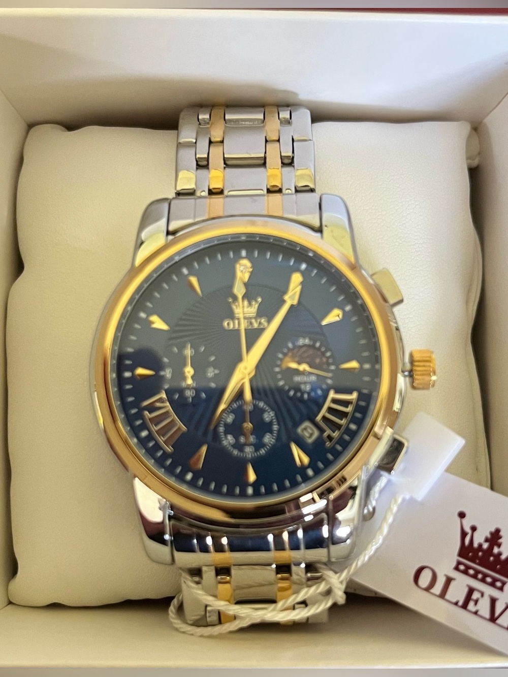 Olevs Men’s Two-Tone Blue Dial Stainless Steel Chronograph Watch